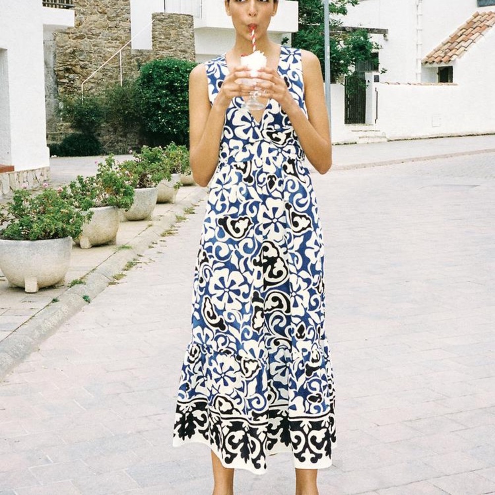 ZARA Blue & Black Floral Midi Maxi Dress w Cut-out Open Back - Picture 3 of 16